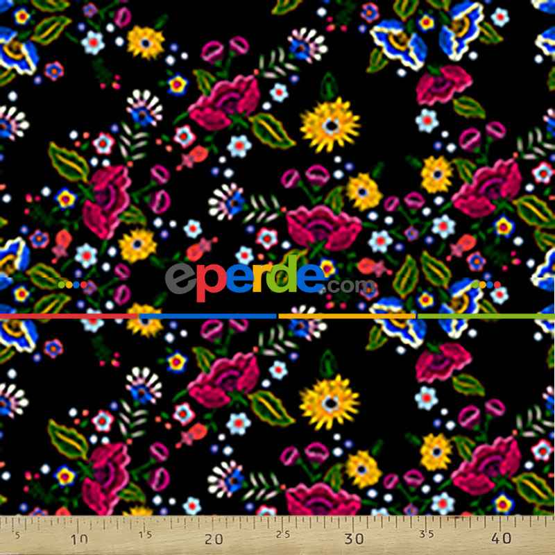 Çiçek Desenli Fon Perde Evm763 Kumaşı Kalındır Duck Bezi Değildir- Siyah-Yeşil-Beyaz