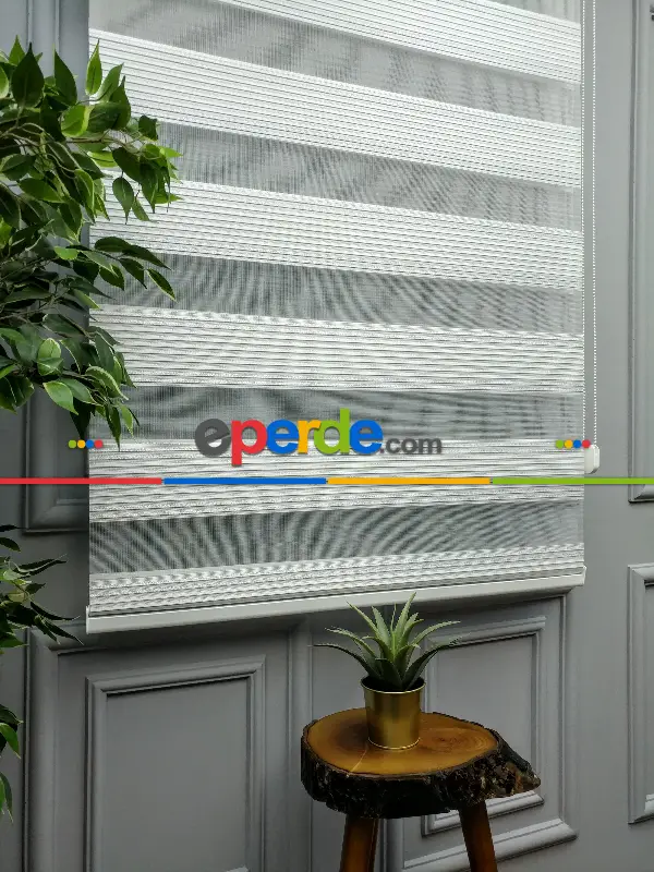 Salon Zebra Perde - 2021 Sezonu - Geniş Pileli (plise) Zebra Perde - Simli Zebra Perde- Gri Simli