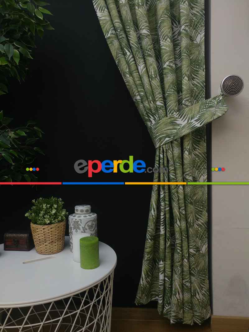 Tropikal Yaprak Desenli Fon Perde(leke Tutmaz)- Yeşil-beyaz