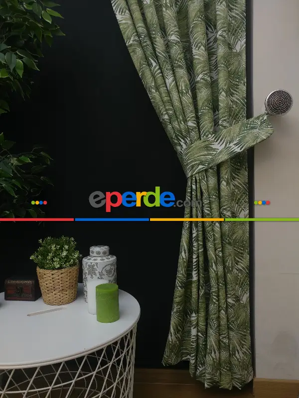 Salon Fon Perde - Tropikal Yaprak Desenli Fon Perde(leke Tutmaz)- Yeşil