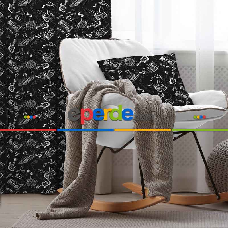 Siyah Beyaz Desenli Fon Perde Evim406 Kumaşı Kalındır Duck Bezi Değildir- Mavi-beyaz