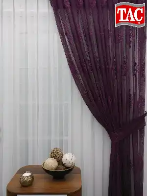 Patlıcan Moru - Damask Desenli Taç Tül Fon Perde- Mor Patlıcan Moru