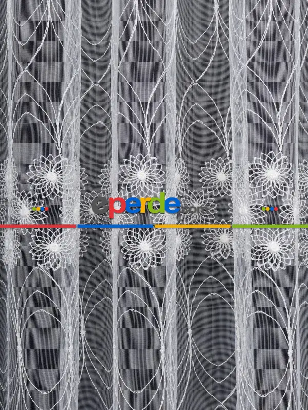 Şeritli Papatya Nakış İşlemeli Brode Tül Perde