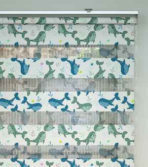 Çocuk Odası Zebra Perde - Sevimli Balina Desen Baskılı Zebra Perde- Yeşil-Mavi