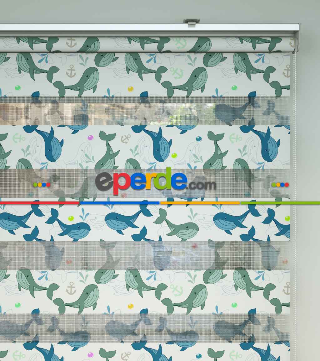 Çocuk Odası Zebra Perde - Sevimli Balina Desen Baskılı Zebra Perde- Yeşil-Mavi