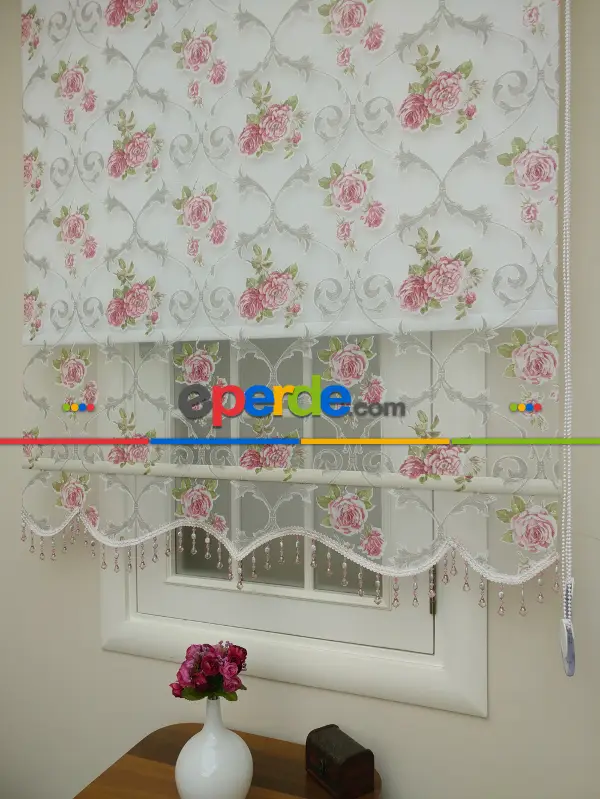 Pembe Çiçek Desenli Çiftli Sistem Tül Stor Perde- Pembe