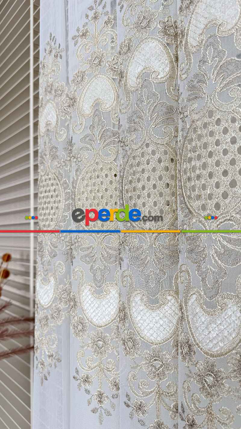 Ekru Altın Özel Dokuma, Özel İplik Brode İşlemeli Tül Perde - Ağır Gramajlı Premium Nakışlı