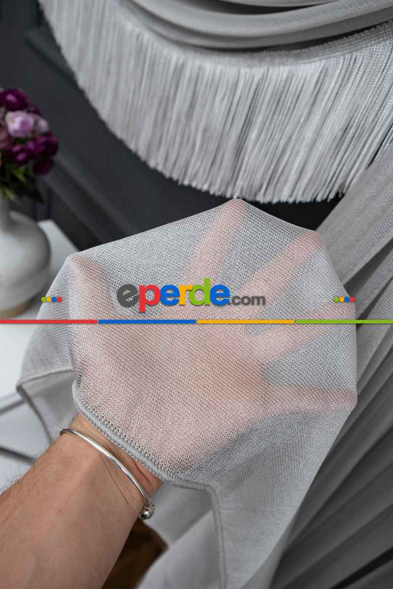 Salon Tül - Gri Monalisa Yalancı Kruvaze - Halat İle Tülden Fon - Yana Toplamalı Tül - Kordon Toplama Tül - Çift Veya Tek Kanat - Aksesuar İlave Ücretlidir - Kurşunlu Tül