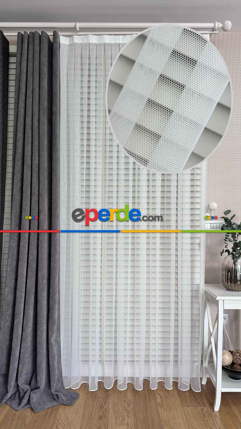 Bebek Odası Tül Perde - Beyaz Grek Zemin Düz Tül Perde - Kurşunlu