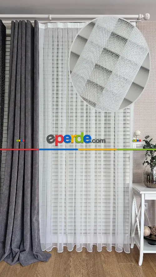 Beyaz Grek Zemin Düz Tül Perde - Kurşunlu