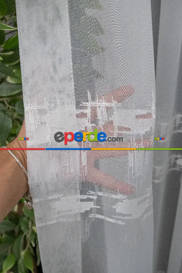 Brillant Tül Perde - Hafif Keten Tül - Etek Ucu Ve Bantı İşlemeli - Spor Modern Desenli Tül Perde - Ütü İstemez Kırışmaz Tül