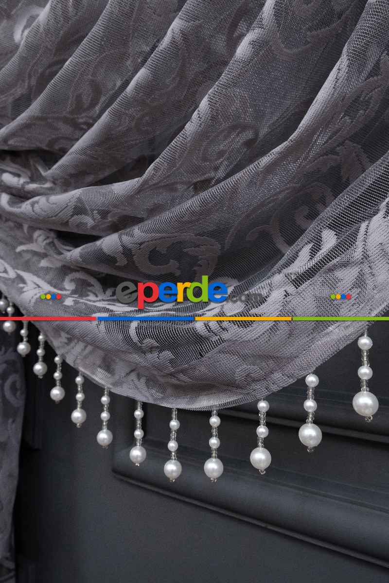 Gri Sarmaşık Desen Tül Kruvaze Şal Tül Perde Yanki Tül - Düz Model Sipariş Seçeneği - Yatak Odası Tül