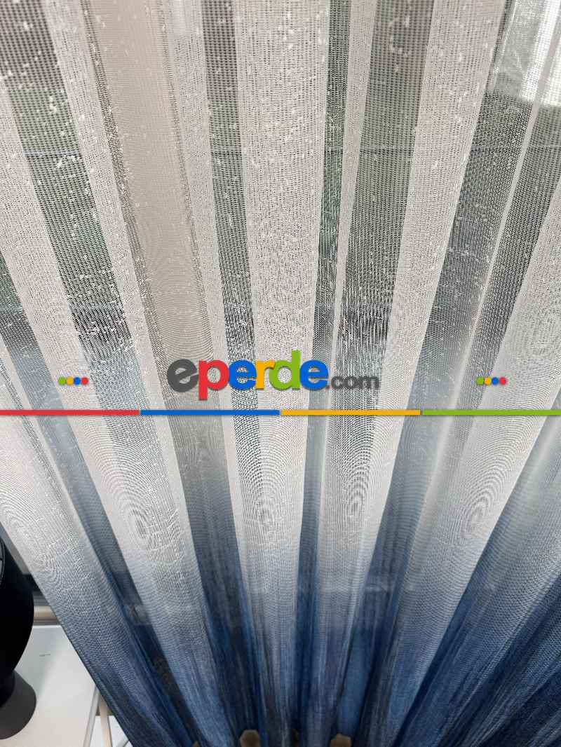 Mavi Degrade Geçişli Tül Perde, Fransız Örme Tül