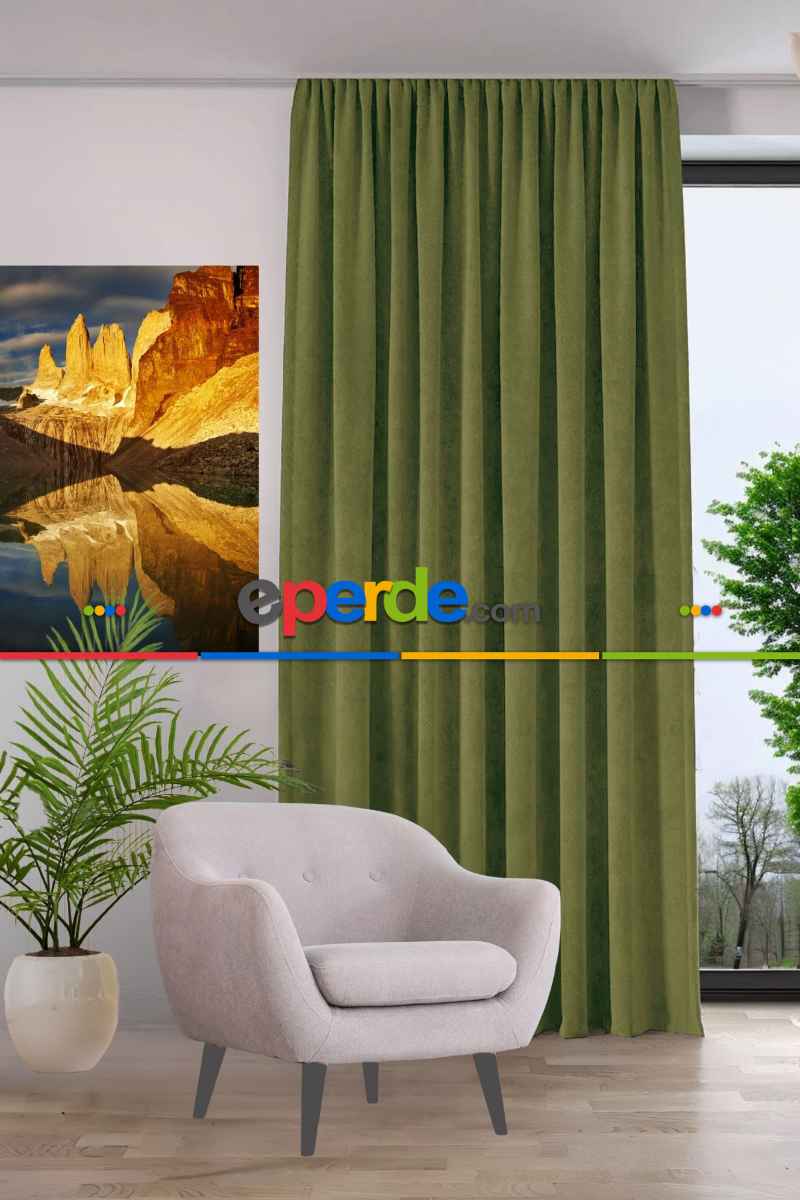Kadife Dokulu Fon Perde Pilesiz Tek Kanat Haki