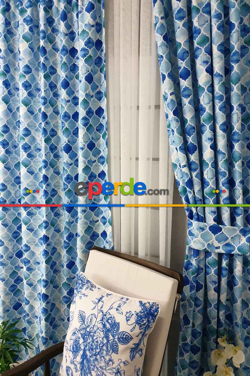 Yatak Odası - Mavi Geometrik Desenli Fon Perde Evm644 Kumaşı Kalındır Duck Bezi Değildir- Mavi-Beyaz