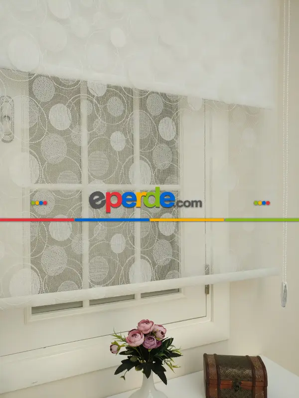 Jakar Örme Tül- Ekru Çiftli Sistem Dantel Desenli Perde- Ekru