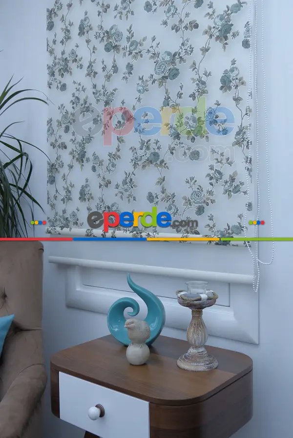 Çiçek Desenli Yakma Tül Çiftli Sistem İkili Perde Turkuaz- Turkuaz