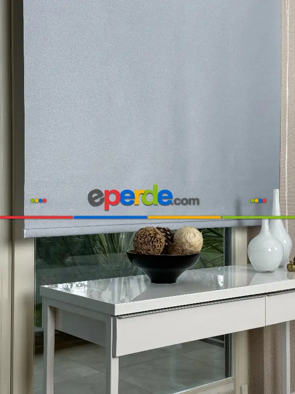 Salon Parlak Gümüş Gri Stor Perde, Standart Metal Kasalı Yüksek Kalite Kornişe Kolay Montaj Seçenekli