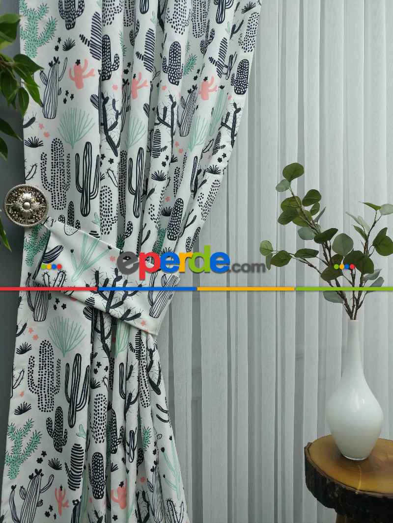 Kaktüs Desenli Fon Perde Evm694 Kumaşı Kalındır Duck Bezi Değildir- Siyah-Beyaz