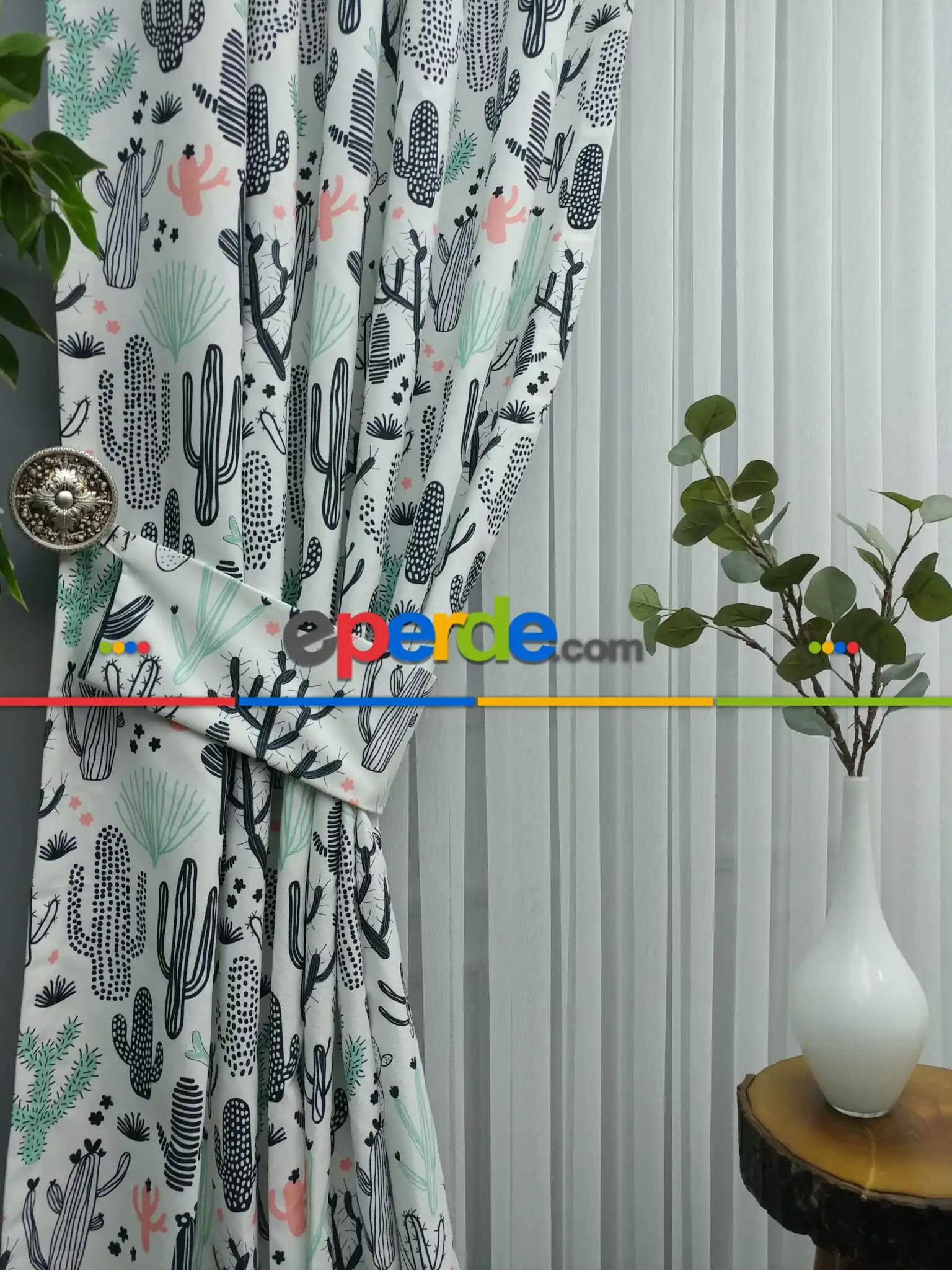 Kaktüs Desenli Fon Perde Evm694 Kumaşı Kalındır Duck Bezi Değildir- Siyah-Beyaz