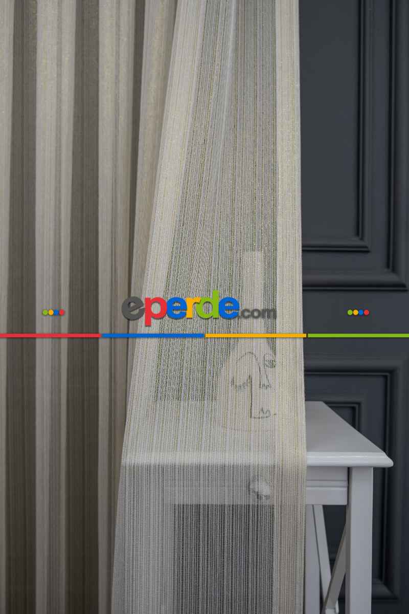 Çizgi Altın Gold Simli Çelik Sim Pırıltılı Işıltılı Çizgili Tül Tasarım Perde