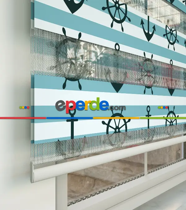 Çapa Baskılı Zebra Perde- Siyah-mavi-beyaz