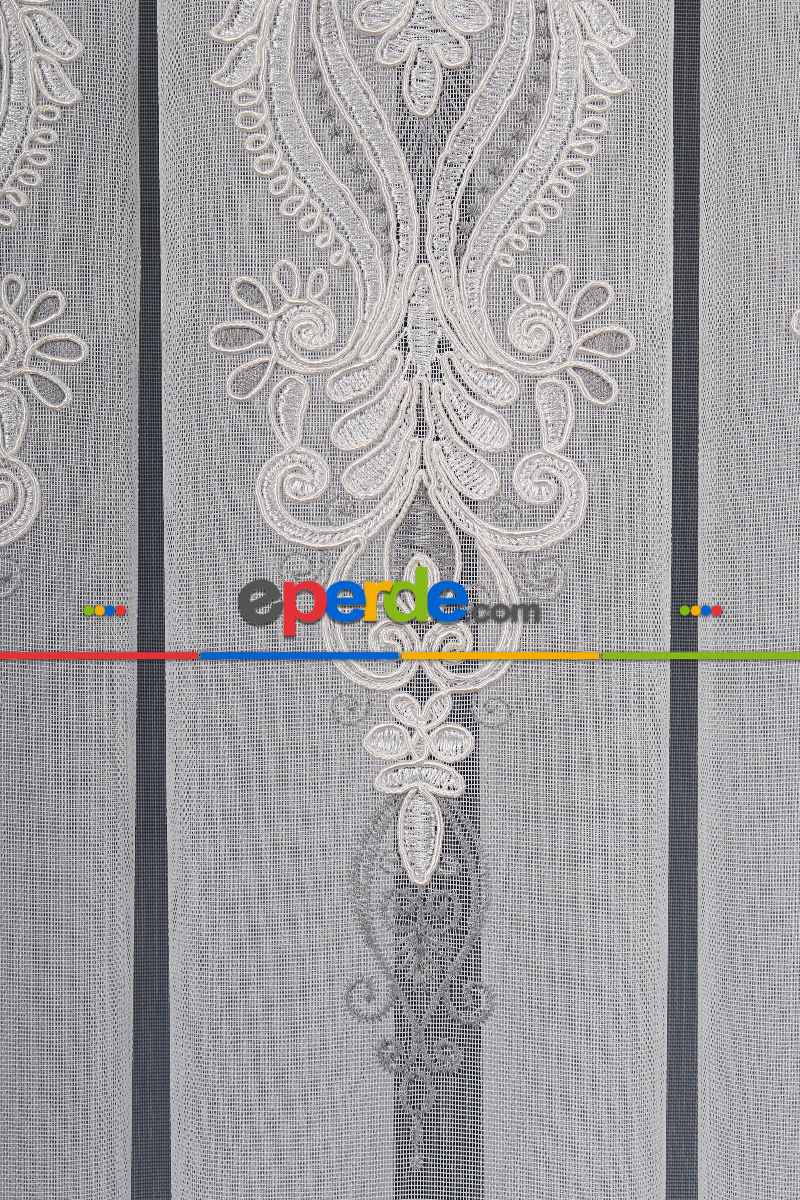 Salon Tül Modelleri - Avangart Ekru-gri Nakış İşlemeli Tül Perde