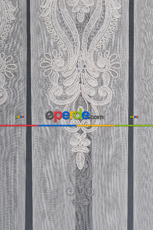 Salon Tül Modelleri - Avangart Ekru-gri Nakış İşlemeli Tül Perde