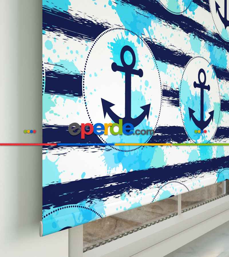 Çapa Desenli Baskılı Stor Perde- Lacivert-mavi