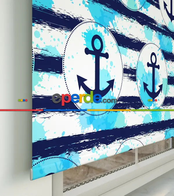 Çocuk Odası Stor Perde - Çapa Desenli Baskılı Stor Perde- Lacivert-Mavi