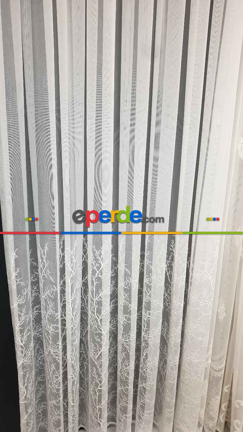 Salon - Selvi İşlemeli Tül Perde- Beyaz