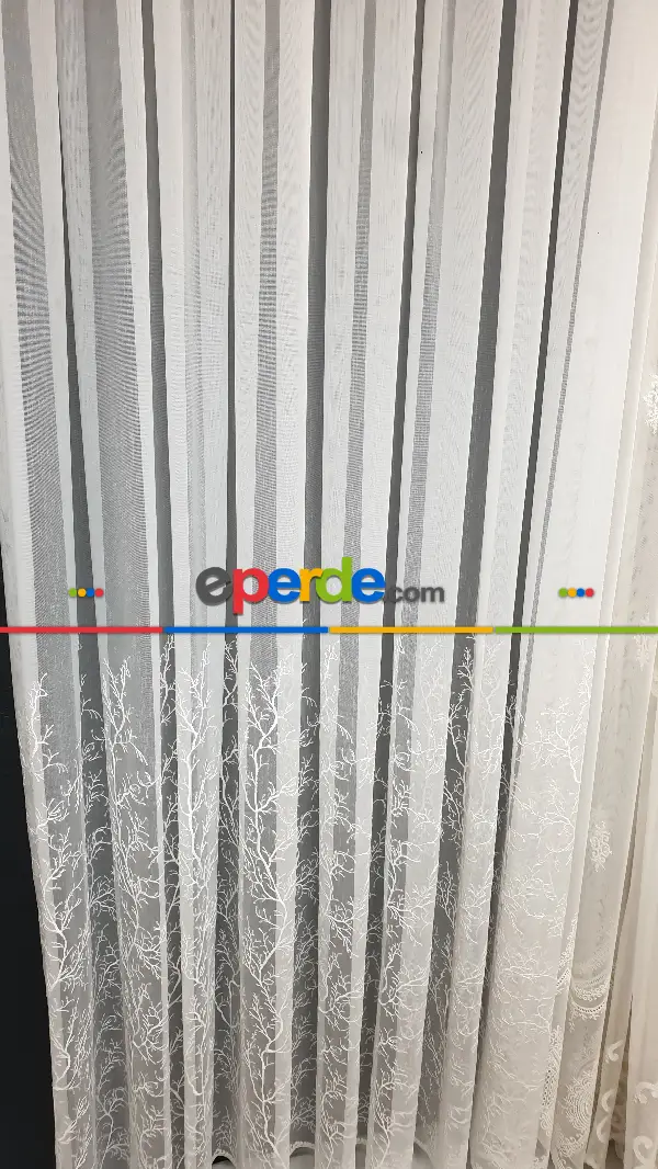 Salon - Selvi İşlemeli Tül Perde- Beyaz