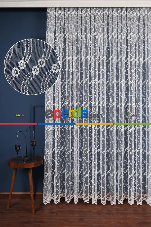 Es Brode Nakış İşlemeli Tül Perde - Çiçek Desenli