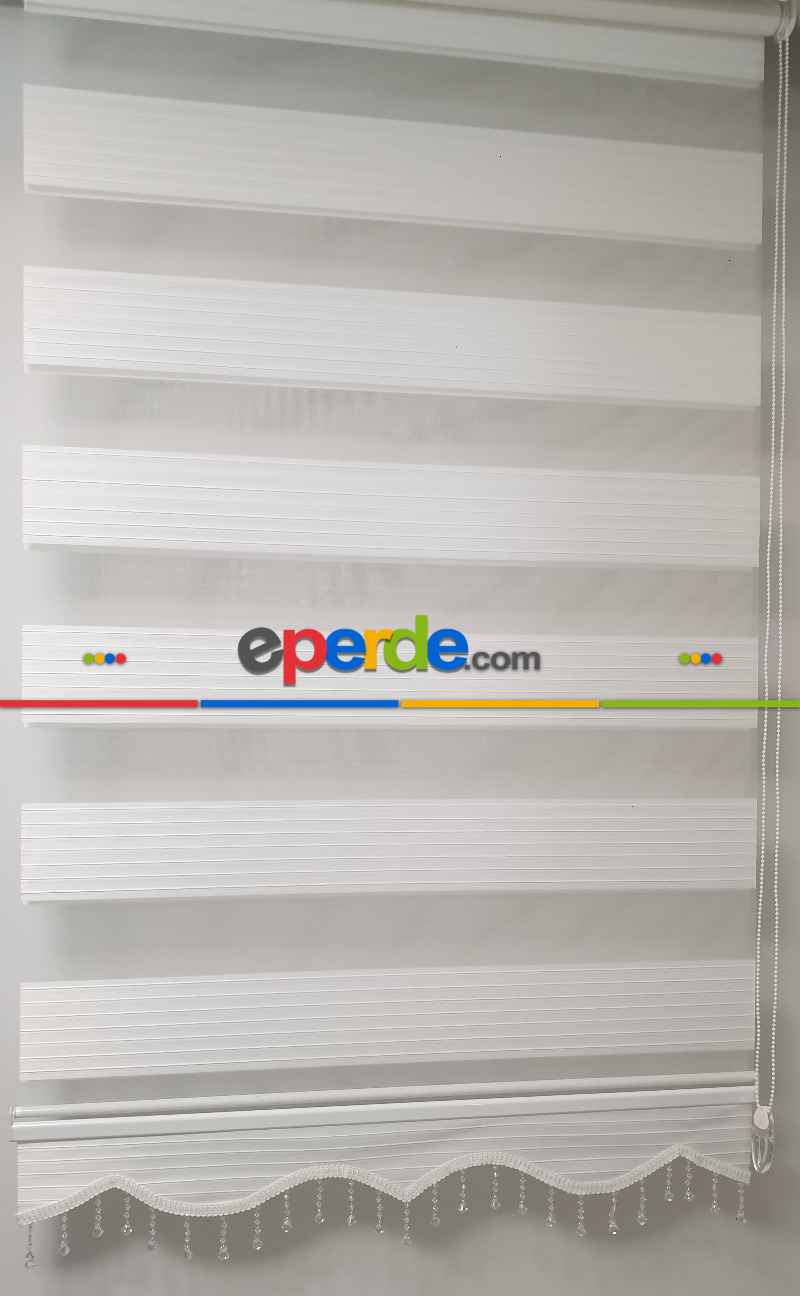 Brillant Kristal Boncuklu Zebra Perde- Beyaz-krem