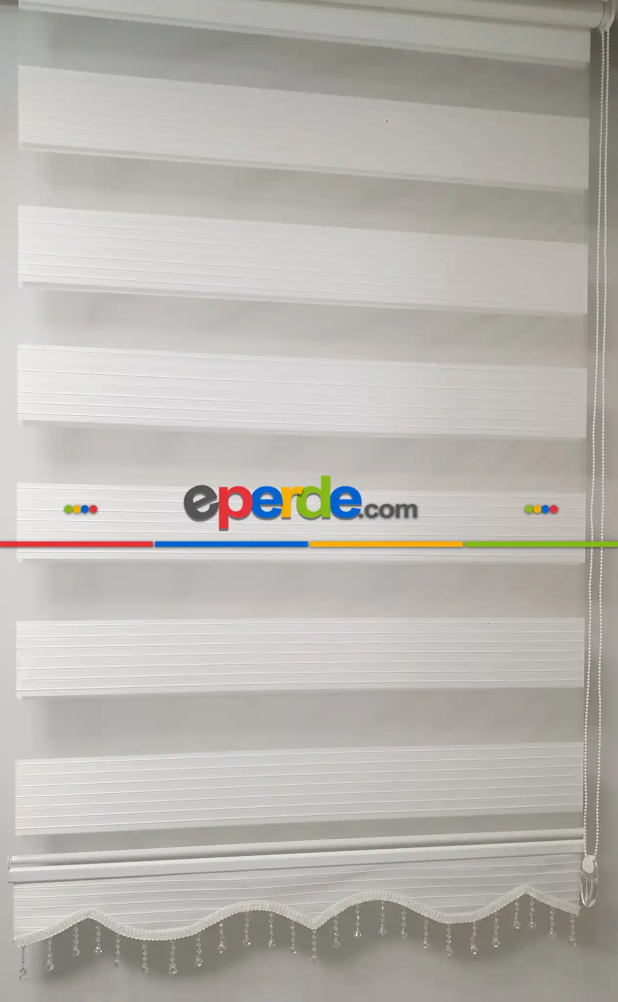 Brillant Kristal Boncuklu Zebra Perde- Beyaz-krem