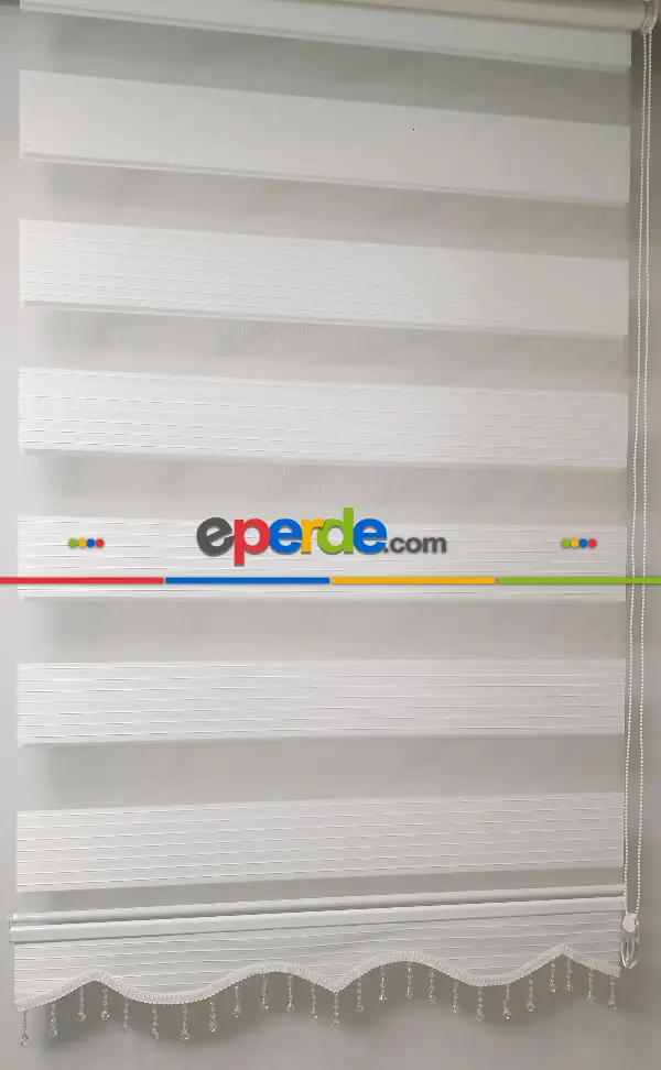 Brillant Kristal Boncuklu Zebra Perde- Beyaz-krem