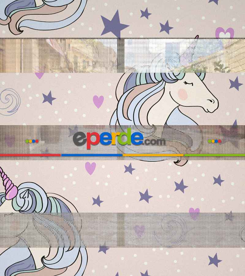 Unicorn Desenli Baskılı Zebra Perde- Çok Renkli