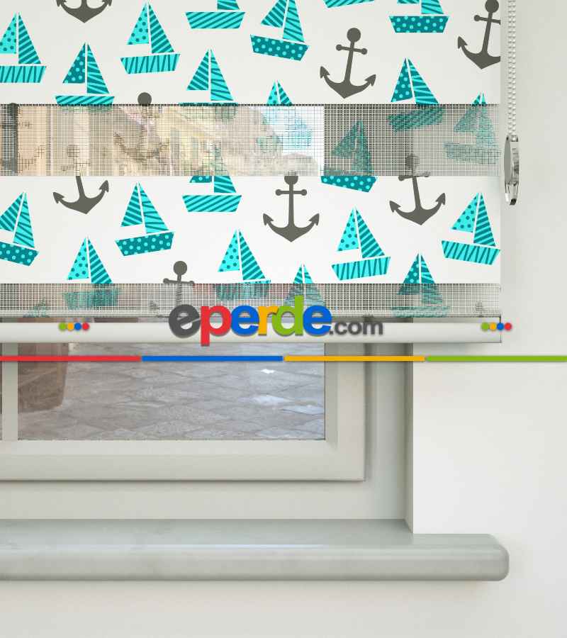 Bebek Odası Zebra Perde - Çapa Ve Gemi Desen Baskılı Zebra Perde- Yeşil