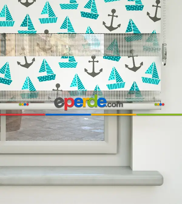 Bebek Odası Zebra Perde - Çapa Ve Gemi Desen Baskılı Zebra Perde- Yeşil