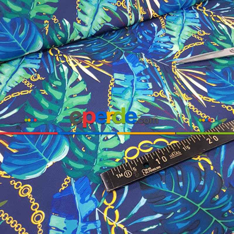 Tropikal Yaprak Desenli Fon Perde Evm1008 Kumaşı Kalındır Duck Bezi Değildir- Yeşil-Mavi