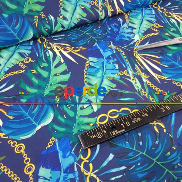 Yatak Odası - Tropikal Yaprak Desenli Fon Perde Evm1008 Kumaşı Kalındır Duck Bezi Değildir- Yeşil-Mavi