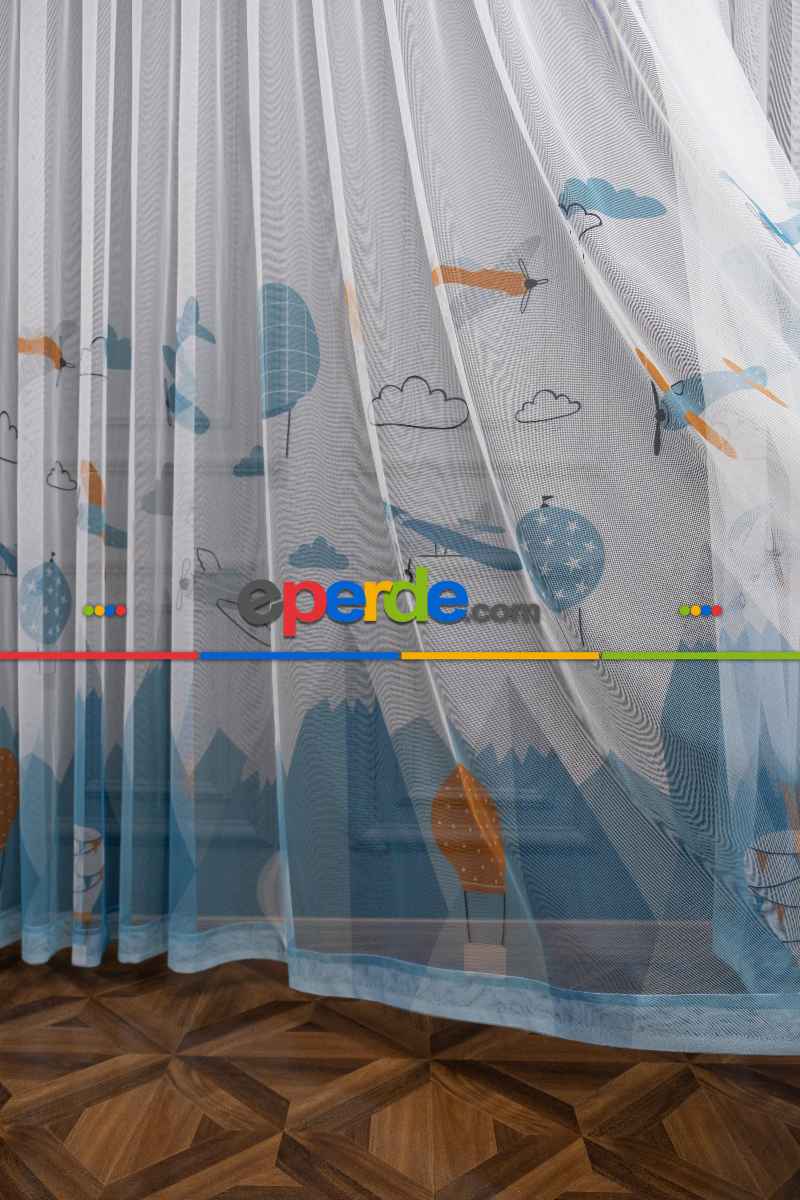 Petek Zemin Mavi Turuncu Renkli Uçan Balon Desenli Grek Baskılı Tül Perde