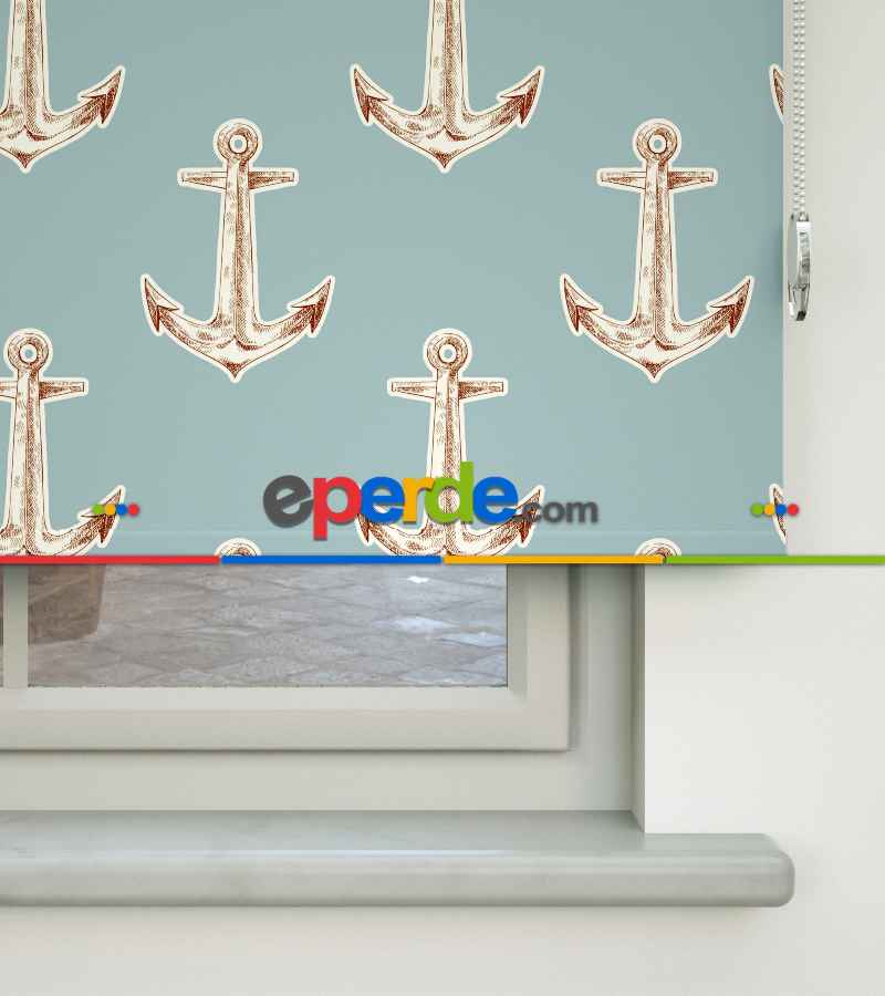 Çapa Desenli Baskılı Stor Perde- Mavi-ekru-kahve