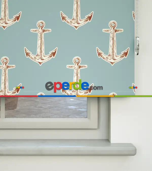 Çapa Desenli Baskılı Stor Perde- Mavi-ekru-kahve