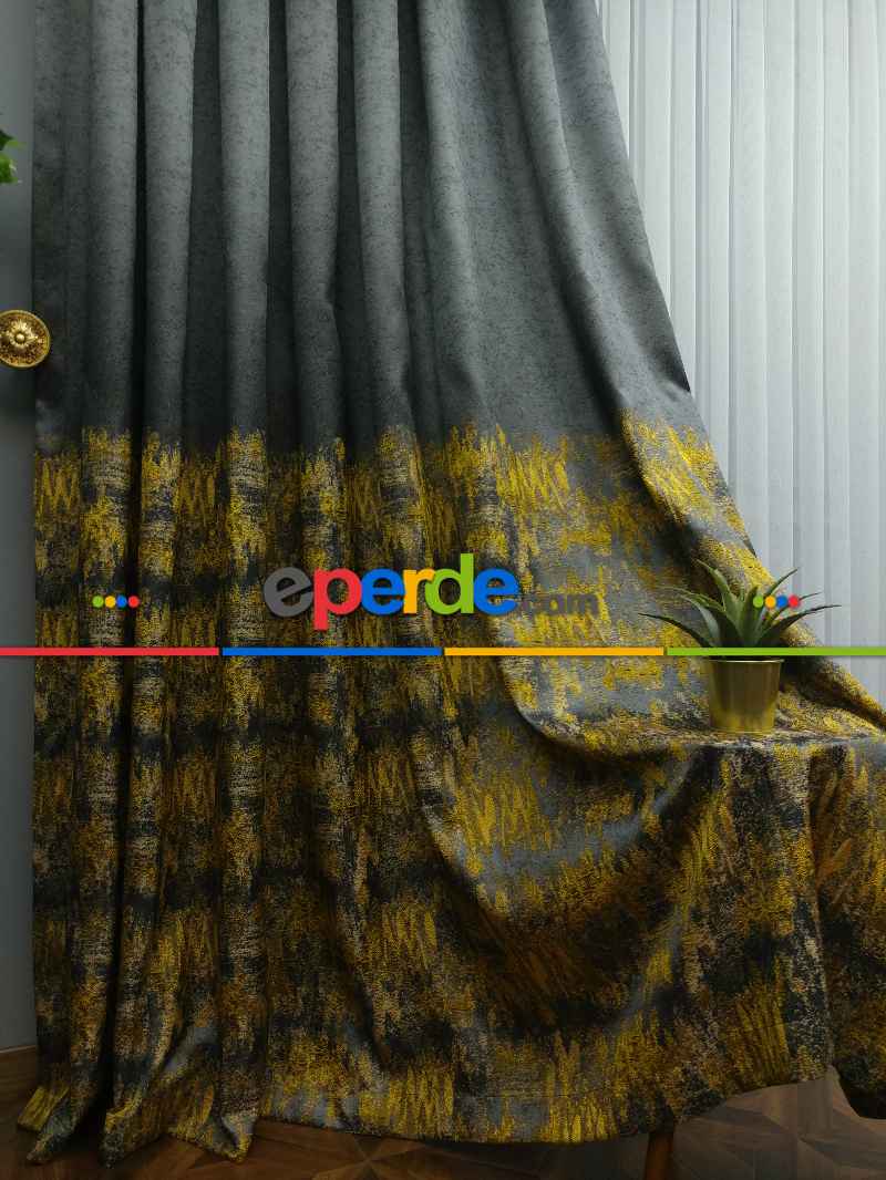 Patinedesenli Hardal Jakar Fon Perde (180)- Hardal