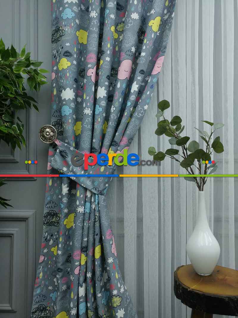 Bulut Ve Damla Desenli Fon Perde Evm680 Kumaşı Kalındır Duck Bezi Değildir- Siyah-Gri-Füme-Antrasit-Sarı