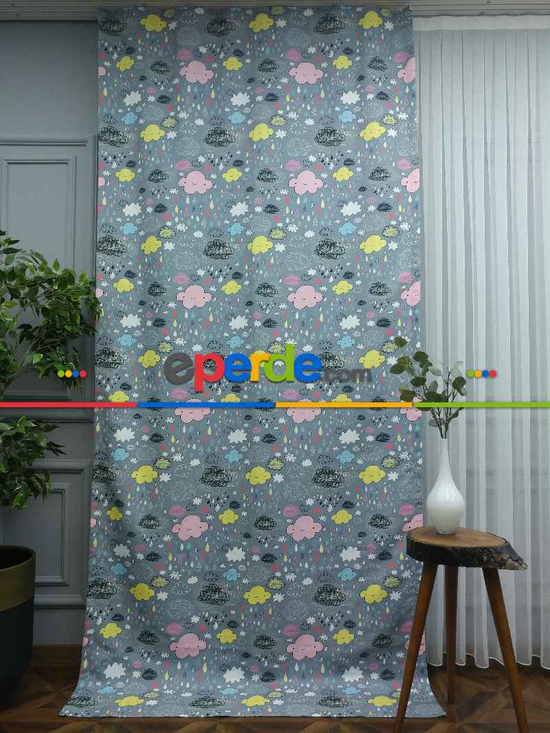 Bulut Ve Damla Desenli Fon Perde Evm680 Kumaşı Kalındır Duck Bezi Değildir- Siyah-Gri-Füme-Antrasit-Sarı