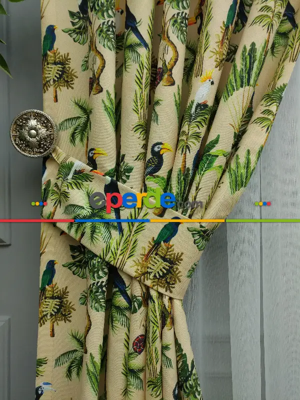 Tropikal Desenli Fon Perde Evm739 Kumaşı Kalındır Duck Bezi Değildir- Mavi-Kahverengi-Sarı-Beyaz-Krem-Açık Yeşil