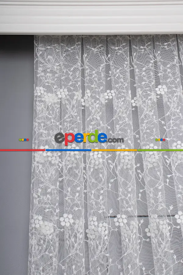 Bahar Dalı Brode Işlemeli Tül Perde - Çiçek Desenli