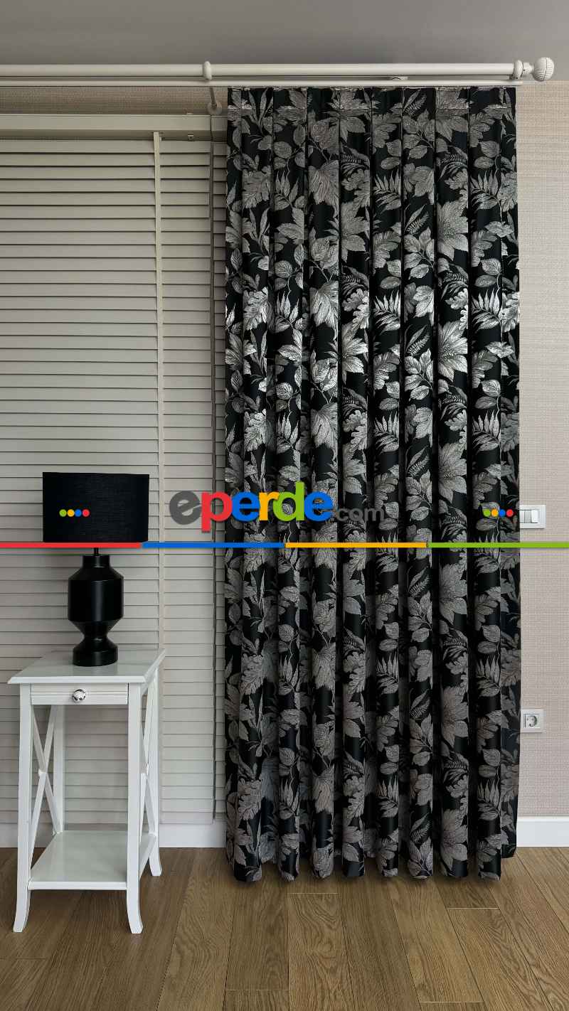 Siyah Gümüş Vizon Çiçek Desen Premium Jakar Dokuma Fon Perde - Premium Kalite Serisi Ağır Gramajlı